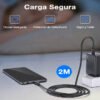 Cargador GaN de 65W destacando beneficios de la carga segura: chipset inteligente, protección de cortocircuito, seguro y fiable