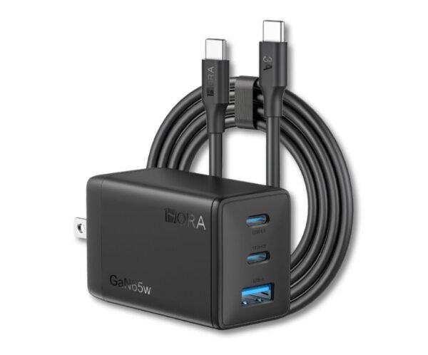 Cargador GaN de 65W con 3 puertos (2 USB-C y 1 USB-A) para carga rápida