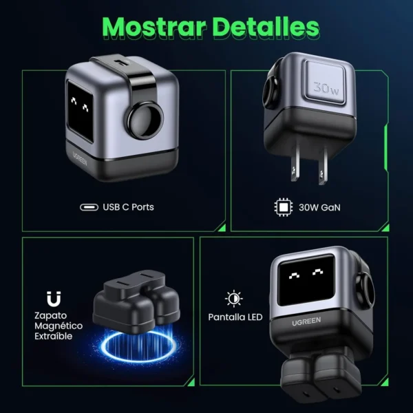 UGREEN Nexode Mini Robot 30W USB-C — cargador GaN con pantalla LED