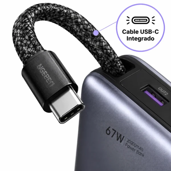 Power Bank 20,000mAh 67W con Cable USB-C Integrado para Laptop y Celular UGREEN