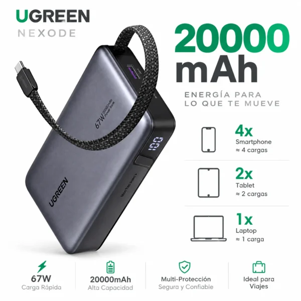 Power Bank 20,000mAh 67W con Cable USB-C Integrado para Laptop y Celular UGREEN