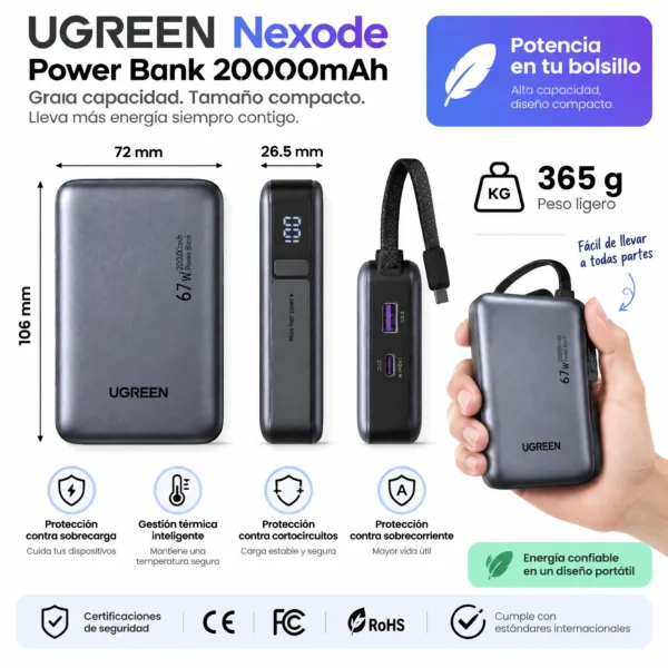 Power Bank 20,000mAh 67W con Cable USB-C Integrado para Laptop y Celular UGREEN