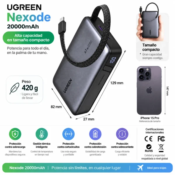 Power Bank 20,000mAh 67W con Cable USB-C Integrado para Laptop y Celular UGREEN