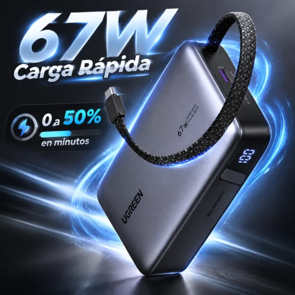 Power Bank 20,000mAh 67W con Cable USB-C Integrado para Laptop y Celular UGREEN