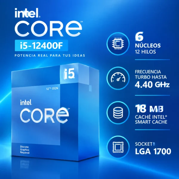 Intel Core i5-12400F — Procesador Gaming 6 Núcleos 12 Hilos hasta 4.40GHz