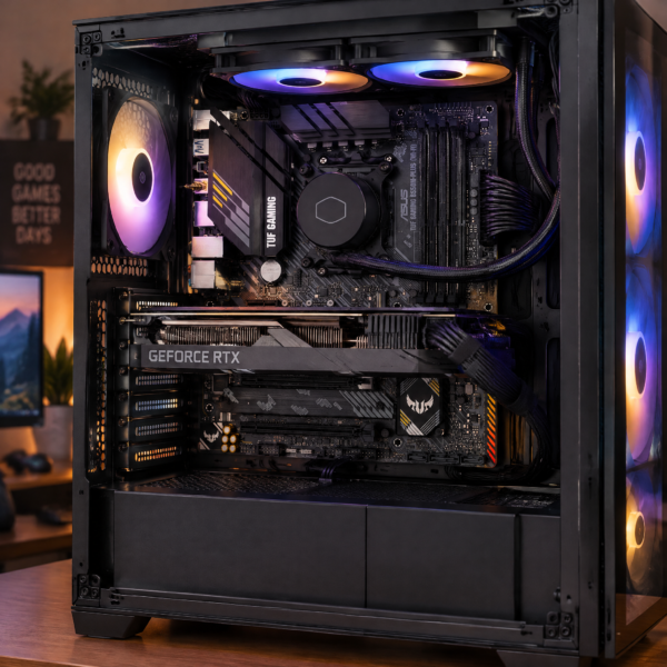 tuf-gaming-b550m-plus-wifi-02-uso ASUS TUF Gaming B550M-PLUS WI-FI instalada dentro de un gabinete gamer con GPU y RGB