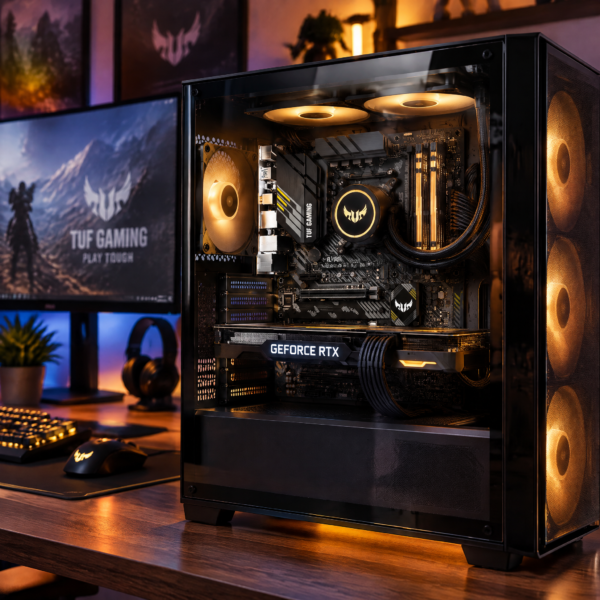 tuf-gaming-b550m-plus-wifi-08-ambiente PC gamer armada con la tarjeta madre ASUS TUF Gaming B550M-PLUS WI-FI en un setup de escritorio