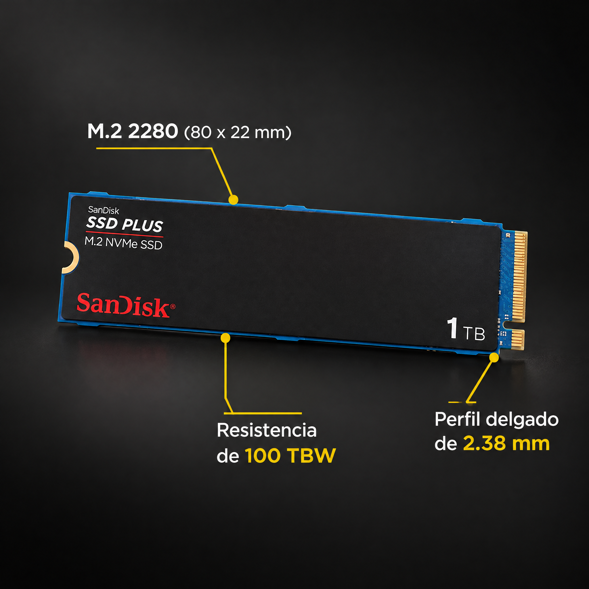 SanDisk SSD PLUS NVMe 1TB formato M.2 2280, perfil de 2.38 mm, resistencia de 100 TBW SanDisk SSD PLUS NVMe 1TB formato M.2 2280, perfil de 2.38 mm, resistencia de 100 TBW